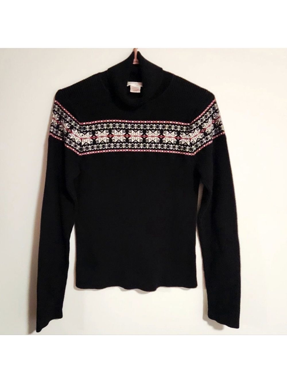 Northern Reflections 90s Vintage Fair Isle Knit Turtleneck Sweater Black Medium